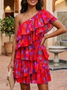 Endless Rose Floral One Shoulder Ruffled Mini Dress